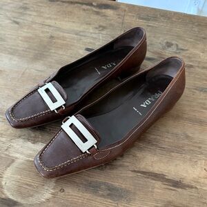 Prada Brown Leather Square Toe Flats Buckle Detail Made in Italy